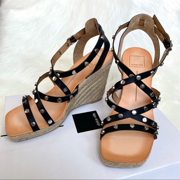 NIB DOLCE VITA Size 8 Studded Black Strappy Espadrille Wedges - Picture 1 of 9
